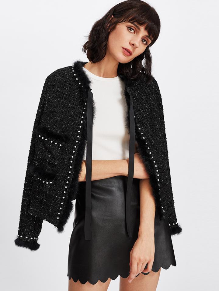 Shein Faux Fur Trim Pearl Beading Tweed Blazer