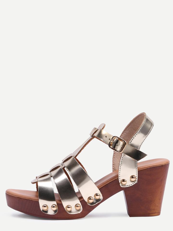 Shein Light Gold Faux Leather Caged Wooden Heel Sandals