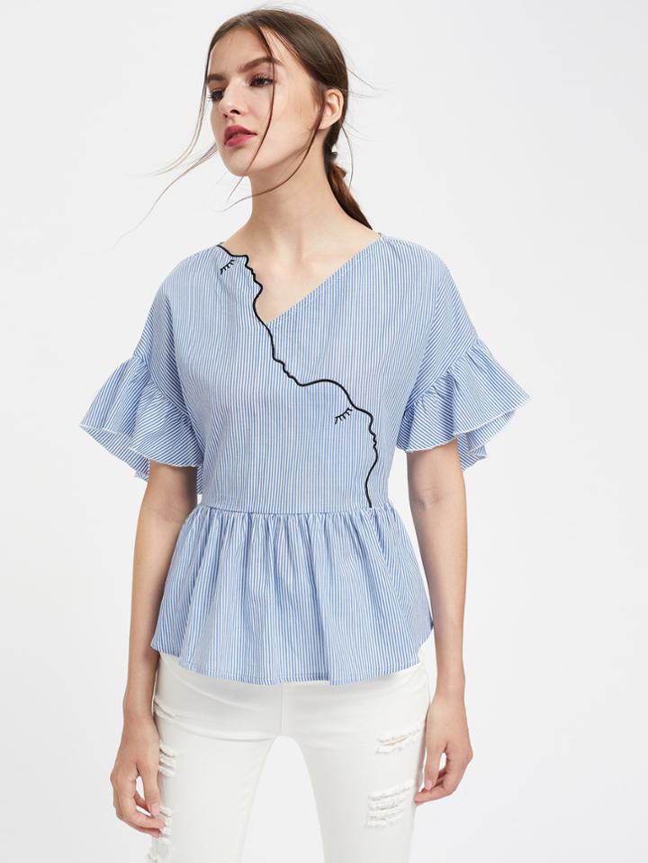 Shein Outline Embroidery Surplice Front Frilled Peplum Top