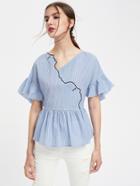 Shein Outline Embroidery Surplice Front Frilled Peplum Top