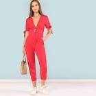 Shein Knotted Puff Sleeve Button Waist Jumpsuit