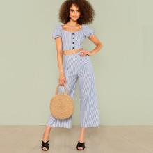 Shein Button Up Crop Striped Top & Wide Leg Pants Set