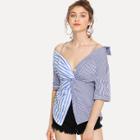 Shein Contrast Striped Twist Front Blouse