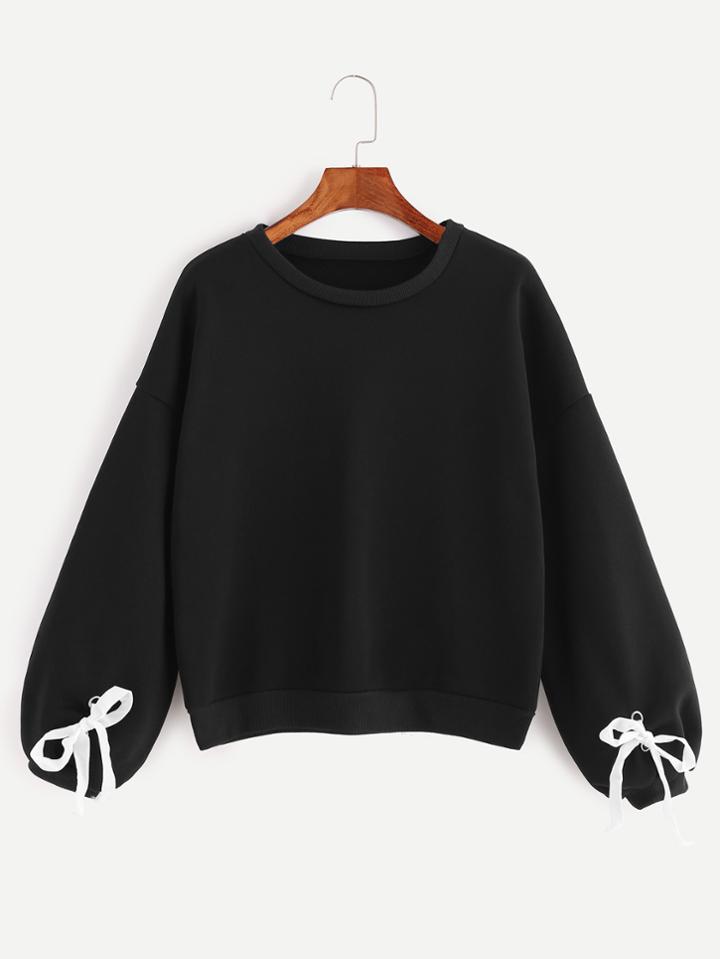 Shein Black Ribbed Trim Drop Shoulder Eyelet Tie Sweatshirt