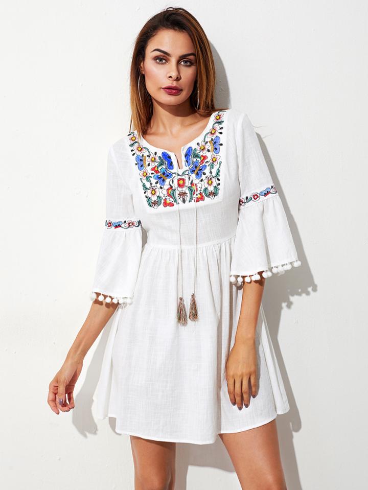 Shein Tasseled Tie Pom Pom Trim Fluted Sleeve Embroidered Dress