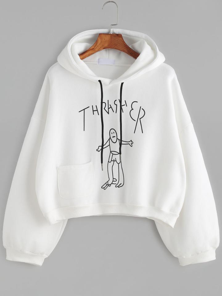 Shein White Drawing Print Drop Shoulder Hooded Sweatshirt