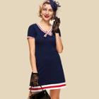 Shein Bow Tie Neck Striped Trim Knit Dress