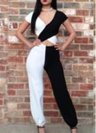 Rosewe V Neck White And Black Two Piece Jumpsuit