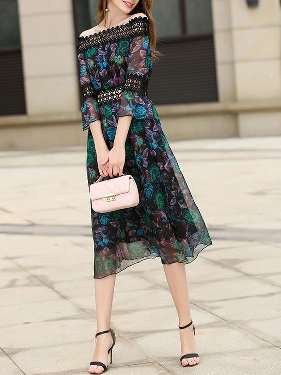 Shein Boat Neck Crochet Hollow Out Print Dress