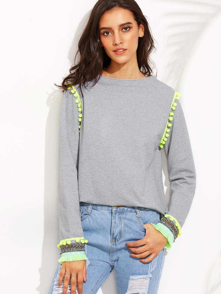 Shein Heather Grey Pom Pom Raw Edge Sweatshirt With Embroidered Cuff