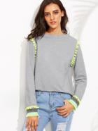 Shein Heather Grey Pom Pom Raw Edge Sweatshirt With Embroidered Cuff