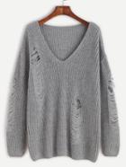 Shein Grey V Neck Drop Shoulder Ripped Sweater