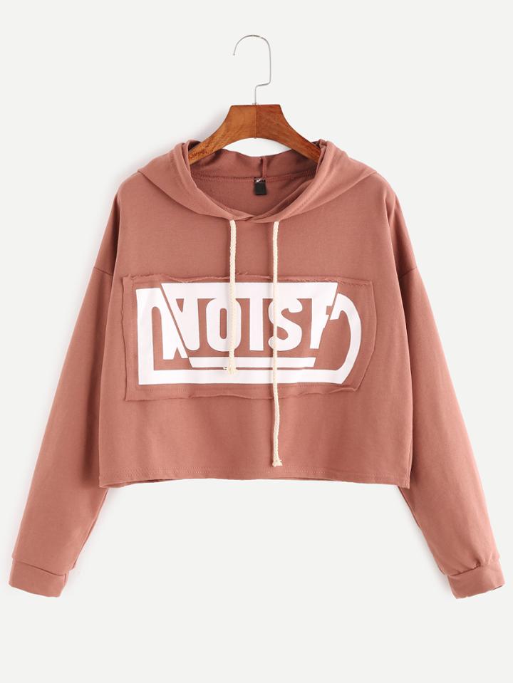 Shein Brick Red Hooded Drop Shoulder Patch Crop Sweatshirt