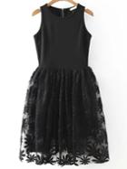 Shein Sunflower Embroidered Black Flare Dress