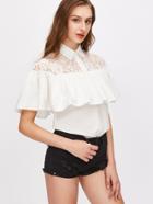 Shein Pointed Collar Lace Shoulder Ruffle Blouse