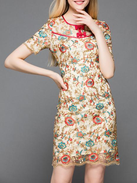 Shein Nude Gauze Embroidered Shift Dress