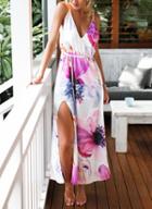 Shein Multicolour Spaghetti Strap Painted Elegance Backless Split Floral Dress