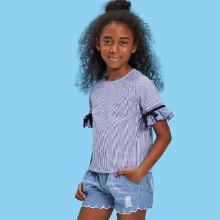 Shein Girls Pleated Ruffle Sleeve Striped Top