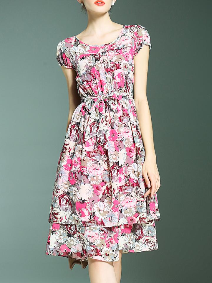 Shein Multicolor Tie-waist Floral A-line Dress