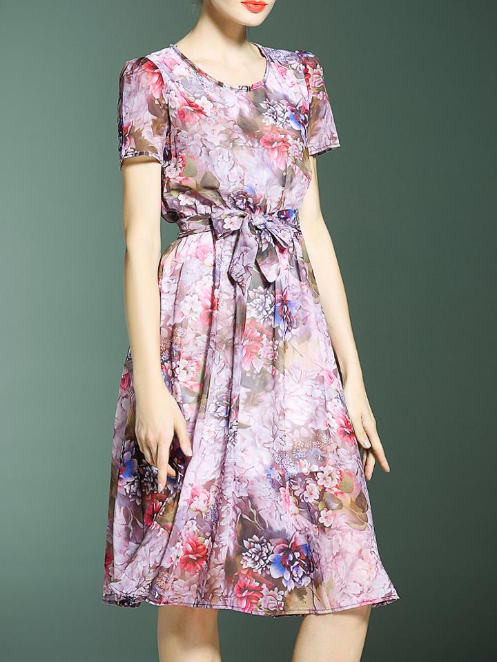Shein Multicolor Crew Neck Floral Tie-waist Dress