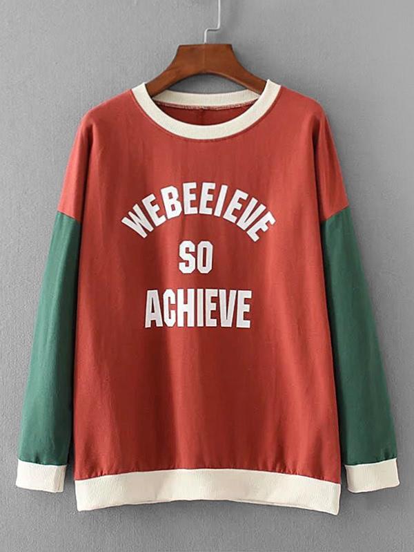 Shein Contrast Sleeve Letter Print Pullover