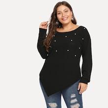 Shein Pearls Asymmetric Hem Tee