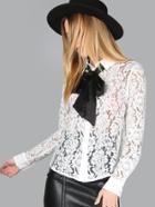 Shein Lace Button Up Bow Blouse Off White