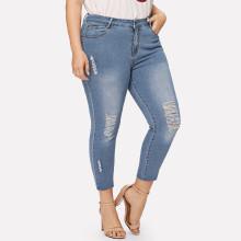 Shein Plus Faded Wash Ripped Raw Hem Jeans