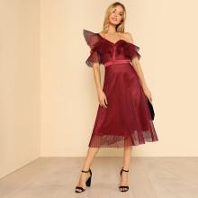 Shein Asymmetric Shoulder Eyelet Mesh Overlay Dress