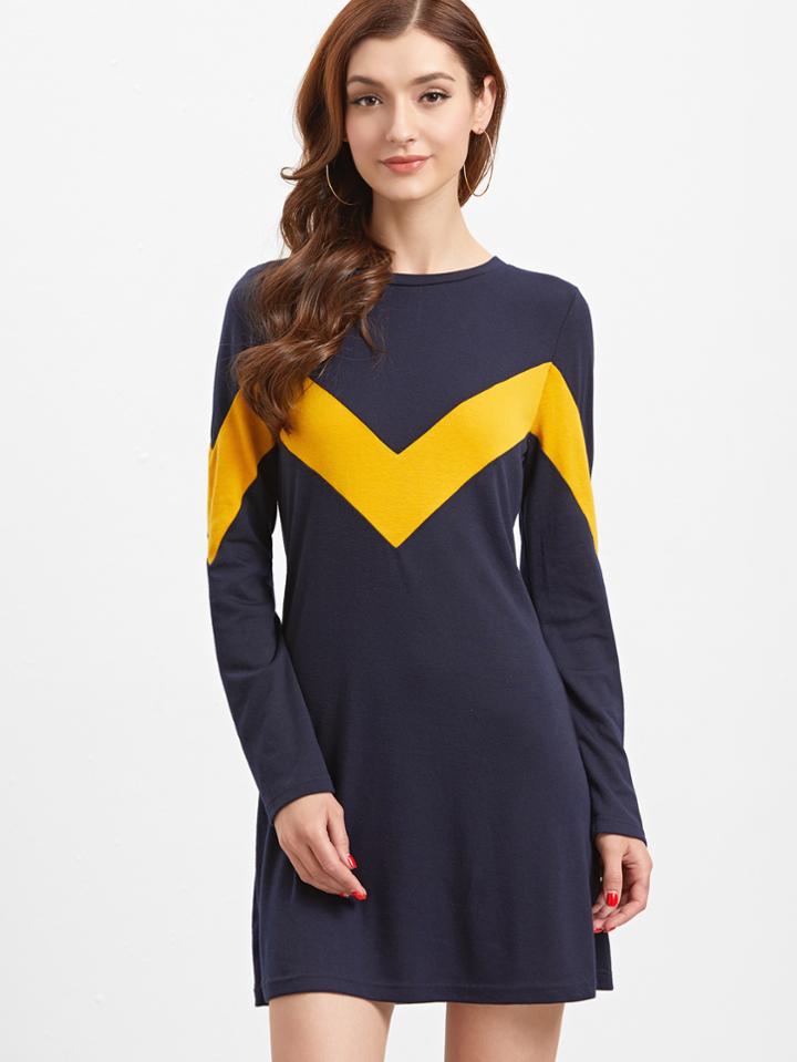 Shein Navy Contrast Chevron Pattern A Line Dress