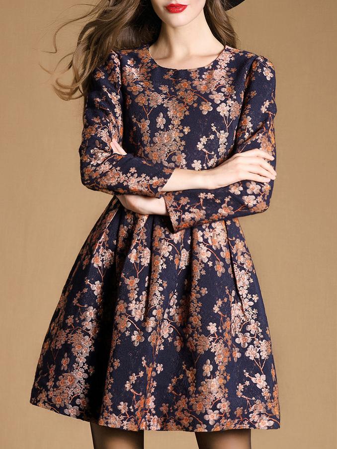 Shein Multicolor Round Neck Long Sleeve Jacquard Dress