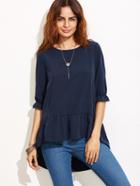 Shein Navy Ruffle Sleeve High Low Tiered Peasant Top