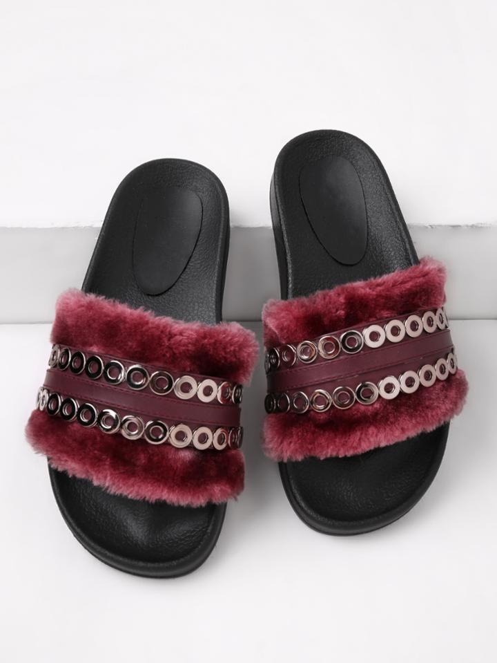 Shein Metal Detail Faux Fur Slip On Sandals