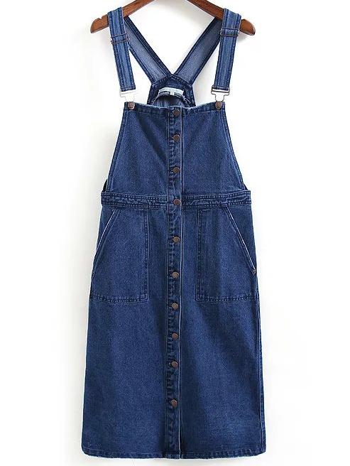 Shein Straps Denim Button-down Blue Suspender Dress