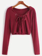 Shein Burgundy Hooded Eyelet Lace Up Ribbed Crop T-shirt