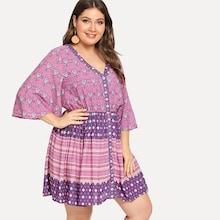 Shein Plus Ruffle Cuff Mixed Print Flare Dress