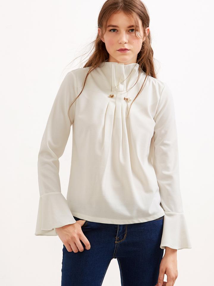 Shein Beige Ruffle High Neck Bell Sleeve Pleated Zipper Blouse