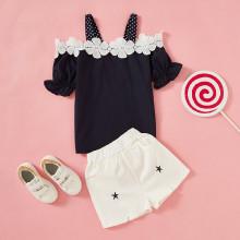Shein Girls Open Shoulder Lace Panel Top With Shorts
