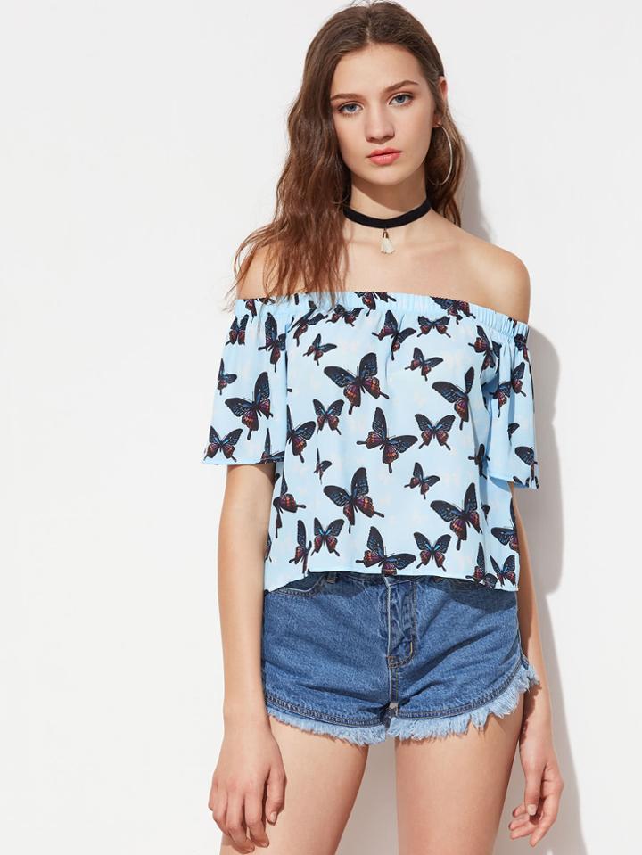 Shein Allover Butterfly Print Curved Back Off Shoulder Top