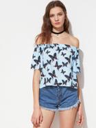 Shein Allover Butterfly Print Curved Back Off Shoulder Top
