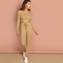 Shein Ribbed Bardot Top & Drawstring Waist Pants Set