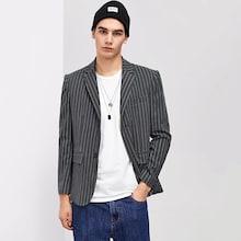 Shein Men Pocket & Button Up Notched Neck Striped Blazer