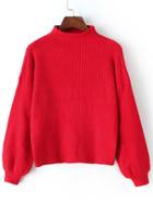 Shein Red Mock Neck Lantern Sleeve Crop Sweater