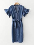 Shein Tiered Flounce Sleeve Belted Denim Dress