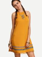 Shein Yellow Taped Panel Pom-pom Hem Dress