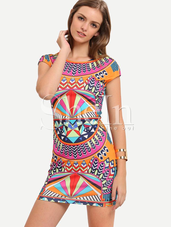 Shein Multicolor Print Cap Sleeve Bodycon Dress