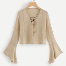 Shein Lace Up Fluted Sleeve Blouse
