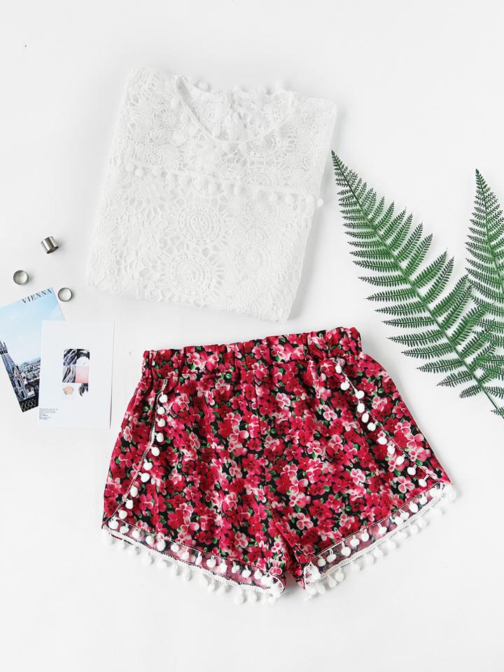 Shein Ditsy Print Pom Pom Trim Wrap Shorts