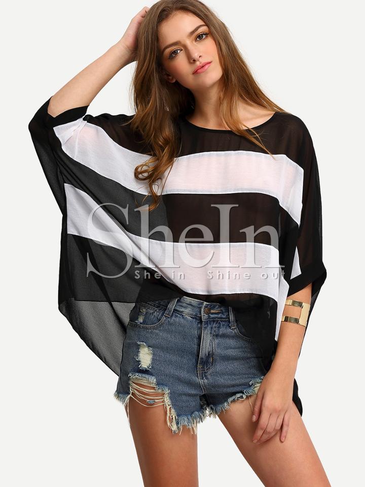 Shein Black White Striped Half Sleeve Blouse