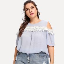Shein Plus Lace Trim Open Shoulder Blouse